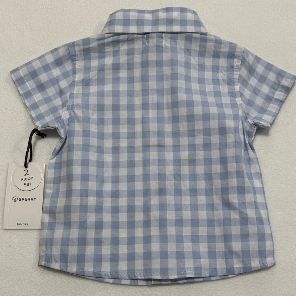 Infant Boy 3/6M Sperry Light Blue Checkered Shirt and Dark Blue Shorts Set - NWT